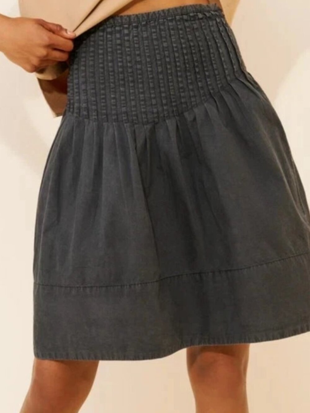 Free People Peyton Pintuck Midi Skirt High Rise Curved Drop Waist L